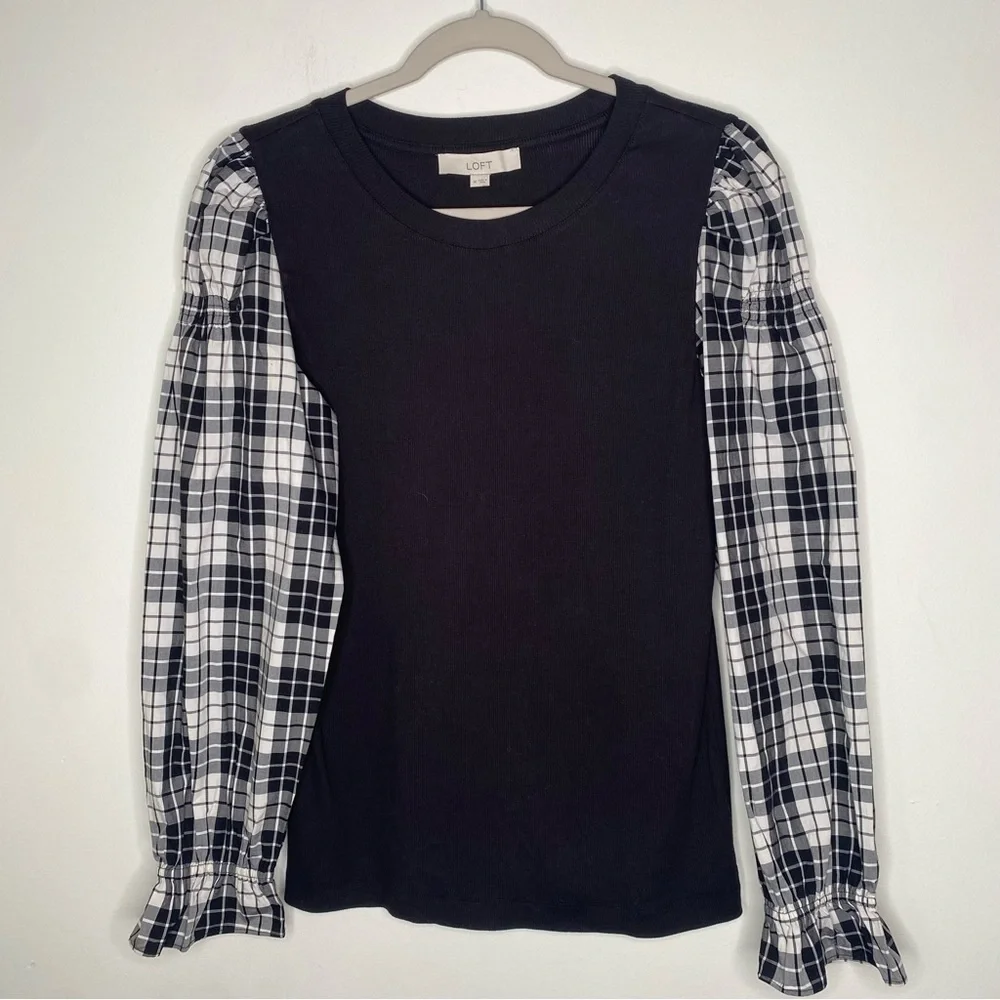 Loft Long Plaid Sleeve Knit Top Black Ivory Sz M